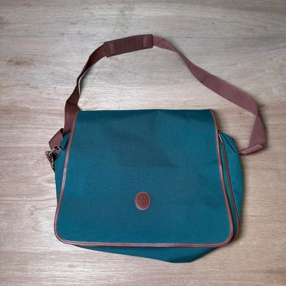 Polo Ralph Lauren Messenger Bag Teal Green Canvas Brown Trim Vintage Crossbody